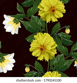 Seamless pattern of yellow and white flowers dahlia on a dark background.