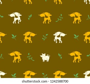 Seamless pattern of yellow and white horses and white boar and green twigs. Flat vector graphics for design.