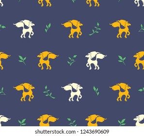 Seamless pattern of yellow and white horses and green twigs on a dark background. Flat vector graphics for design.