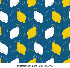 Seamless pattern of yellow and white lemons. Painted and contoured citrus. Fruit pattern on a dark blue background. Vector illustration