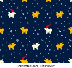 Seamless pattern of yellow and white pigs boars and snowflakes on dark blue background. Flat vector graphics for design.