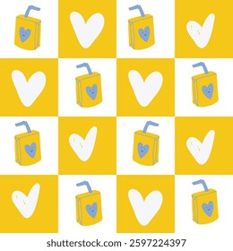 Seamless pattern of yellow and white squares with juice boxes and hearts. Print for summer design of paper, fabric and wallpaper