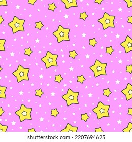 Seamless pattern with yellow and white stars on a pink background. For baby fabric design, wallpapers, backgrounds, scrapbooking. Vector
