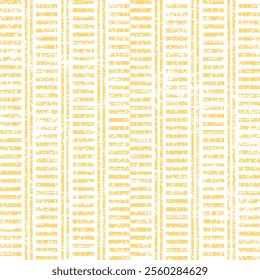 Seamless pattern with yellow white straight grunge striped lines. Slub textured white background.  