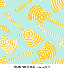 Seamless pattern with yellow white striped finish guitar silhouettes on blue background. Vector illustration
