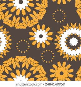 Seamless pattern with yellow and white stylized flowers on a brown background. Vector illustration