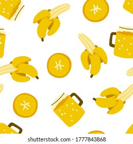 Seamless pattern with yellow whole and slices of bananas and juice in a glass. Juicy and tasty fruits for a summer print. Background for textiles, packaging, postcards, etc.