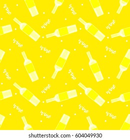 Seamless pattern with yellow wine bottles in hand drawn style on yellow background.