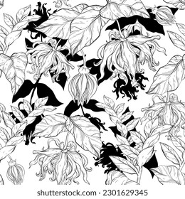 Seamless pattern with yellow ylang ylang flowers and leaves, vector clip art, botanical illustrations. Black and white