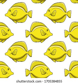 Patrón sin soldadura con peces de cebasoma amarillo. Fondo vectorial con peces tropicales sobre fondo blanco.