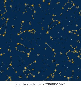 Seamless pattern with yellow zodiac constellations and signs on a dark blue background. Vector illustration in flat style