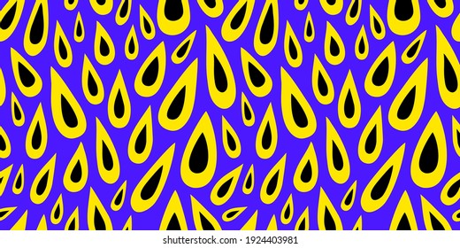  Seamless pattern with yellow-black drops on a blue background. Abstract pattern with drops of various shapes. Vector flat illustration
