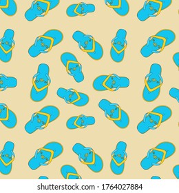 Seamless pattern yellow-blue flip flops with a fish pattern for everyday walks, for the pool, for going to the beach, for hot weather vector illustration collection
