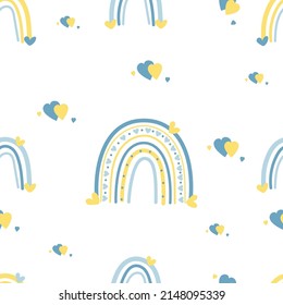Seamless pattern with yellow-blue rainbow and hearts on white background. Vector illustration. Colors of Ukrainian flag. For design, decoration, packaging and decoration.