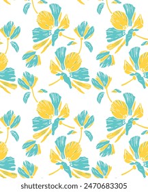 Seamless pattern with yellow,green lilies and peonies on a white background. Surface design. Texture for fabric, wallpaper, paper. Vector illustration.