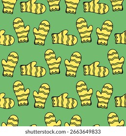 Seamless pattern with yellow-green mittens on green background. Vector image.