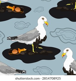 seamless pattern Yellow-legged gull Larus michahellis with pollution vector illustration