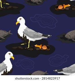 seamless pattern Yellow-legged gull Larus michahellis with fish and plastic pollution vector illustration