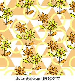 Seamless pattern of yellow-orange flowers and geometric shapes on a white background vector illustration