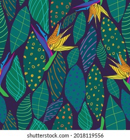 Seamless pattern with yellow-orange flowers of the royal strelitzia on a purple background.For decorating fabrics and surfaces,for printing brochures,posters, parties,vintage textile design,postcards