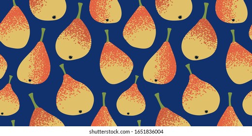 seamless pattern with yellow-orange pears on a dark blue background. Modern abstract design for paper, cover, fabric, interior decor