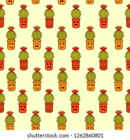 Seamless pattern with yellow,orange,brown and green doodle guys cacti on a beige background.Print with funny cartoon characters for fabric,wrapping paper, scrapbooking,planners,wallpaper and more