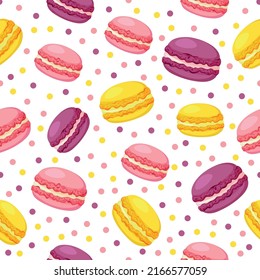 Seamless pattern with yellow,pink   and purple macarons with dots  isolated on a white background.Vector modern colorful pattern with macarons for packaging, gift wrapping