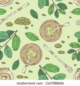 Seamless pattern with yerba mate: drink mate, bomber, calabash, and mate branch and leaves. Vector hand drawn illustration.