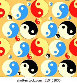 seamless pattern yin yang Japan red, blue, yellow. vector illustration