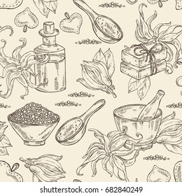 Seamless pattern with ylang ylang flower, leaves, essential oil, soap, bath salt and mortar and pestle. Cosmetic, perfumery and medical plant. Vector hand drawn illustration. 