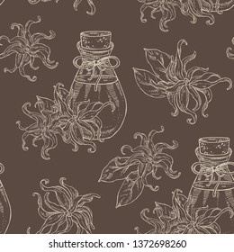 Seamless pattern with ylang-ylang and bottle of ylang-ylang essential oil. Cosmetic, perfumery and medical plant. Vector hand drawn 