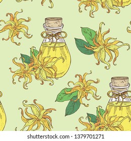 Seamless pattern with ylang-ylang and bottle of ylang-ylang essential oil. Cosmetic, perfumery and medical plant. Vector hand drawn