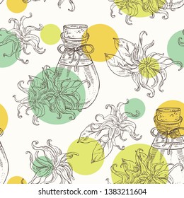Seamless pattern with ylang-ylang and bottle of ylang-ylang essential oil. Cosmetic, perfumery and medical plant. Vector hand drawn
