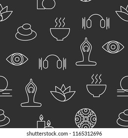 Seamless pattern yoga, black and white relax banner, healthy lifestyle  background, relaxation icons, vector ayurveda backdrop