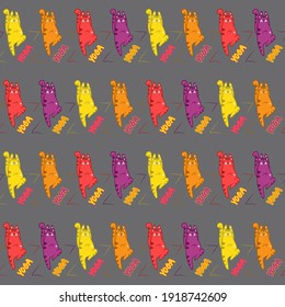 Patrón sin inconvenientes con gatos de yoga, esteras y palabras. Fondo vector animalista. Multicolor. Se puede usar para papeles pintados, rellenos de patrones, textiles, texturas superficiales