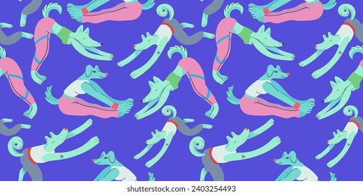 patrón transparente de perros de yoga en vector. ejercicio de forma plana. Plantilla para empaquetar, fondo de pantalla, fondo para el sitio web de la aplicación. Una serie de perros peludos