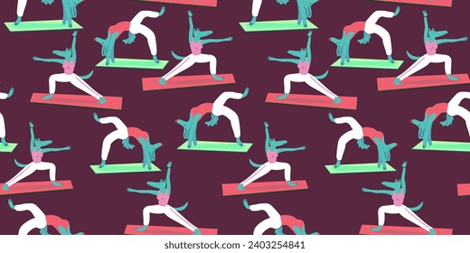 patrón transparente de perros de yoga en vector. ejercicio de forma plana. Plantilla para empaquetar, fondo de pantalla, fondo para el sitio web de la aplicación. Una serie de perros peludos