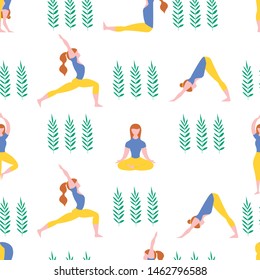 Seamless pattern with yoga girl. Vector repeat illustration.