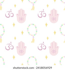 Seamless pattern of yoga, hamsa and Om symbol. For your fabric or design
 