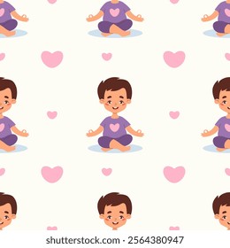 Seamless pattern yoga kid. Cute happy boy meditating sitting in lotus pose on white background with pink hearts. Hobby, sports, healthy lifestyle. Vector illustration. Kids collection