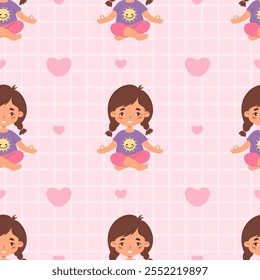 Seamless pattern yoga kids. Cute happy girl child meditating in lotus pose on pink checkered background with hearts. Hobby, sports, healthy lifestyle. Vector illustration