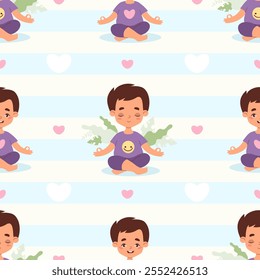 Seamless pattern yoga kids. Cute boy child meditating sitting in lotus pose on white and blue striped background with hearts. Hobby, sports, healthy lifestyle. Vector illustration