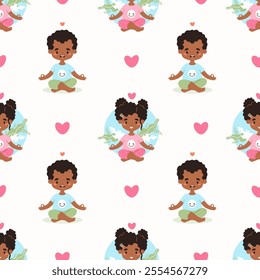 Seamless pattern yoga kids. Cute afro american girl and boy meditating sitting in lotus pose on white background with pink hearts. Hobby, sports, healthy lifestyle. Vector illustration