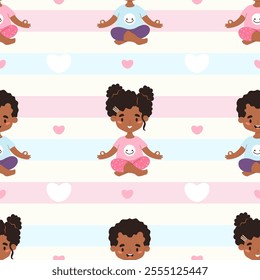 Seamless pattern yoga kids. Cute smiling afro american girl and boy meditating sitting in lotus pose on striped with hearts. Hobby, sports, healthy lifestyle. Vector illustration in flat style