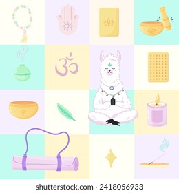 Seamless pattern of yoga lamas, meditations and singing bowls. For your fabric or design