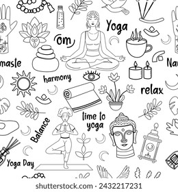 Seamless pattern yoga outline in flat style