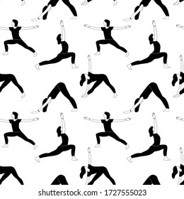 Seamless pattern with yoga pose: Downward Facing Dog, Warrior, Revolved Triangle Pose. Woman doing yoga at home. Adho mukha shvanasana, Virabhadasana, Parvrtta Trikonasana.