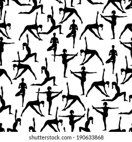 Seamless pattern. Yoga poses as seamless background. Background with women in black and white colors.  Black and white seamless background with girls in yoga poses. Yoga background.