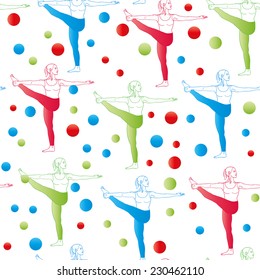 Seamless pattern. Yoga poses as seamless background. Background with women in red, blue, green colors.  Multi-colored seamless background with girls in yoga poses. Yoga background.