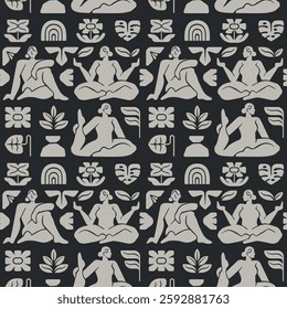 Seamless pattern with yoga poses and botanical elements. Perfect for projects related to mindfulness and wellness. Minimalist, geometric silhouette style.